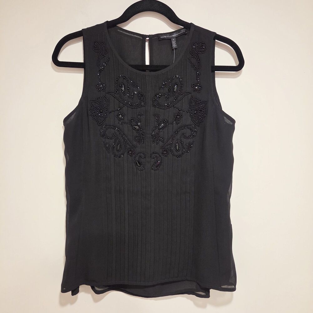 White House Black Market Sz 6 Beaded Tank Top Blouse Black Pleated Career Office